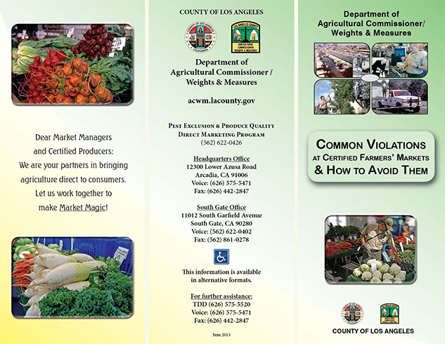 Department of Agricultural Commissioner/Weights & Measures. Common Violations at Certified Farmers' Markets & How to Avoid Them. (Pamphlet cover.)