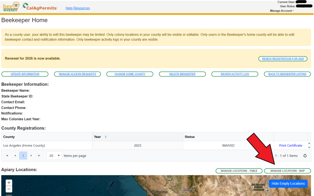 Screenshot of location map button on BeeWhere site