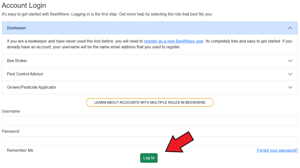 Beewhere account login screenshot