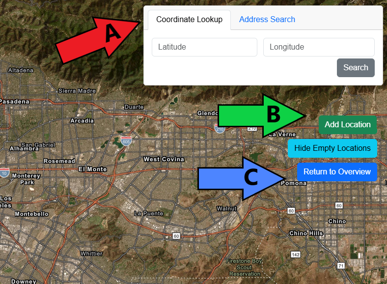 BeeWhere map with arrows pointing to address, add location, and overview buttons
