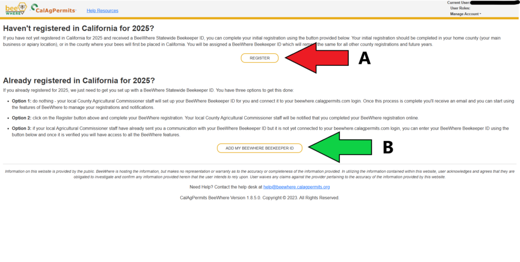 BeeWhere registration page with arrows pointing to the register and add beekeeper id buttons