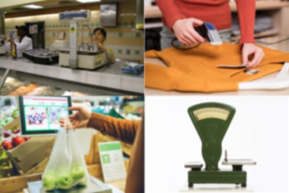 composite of four images showing a scale, handheld barcode scanner, point of sale scale, and balance.