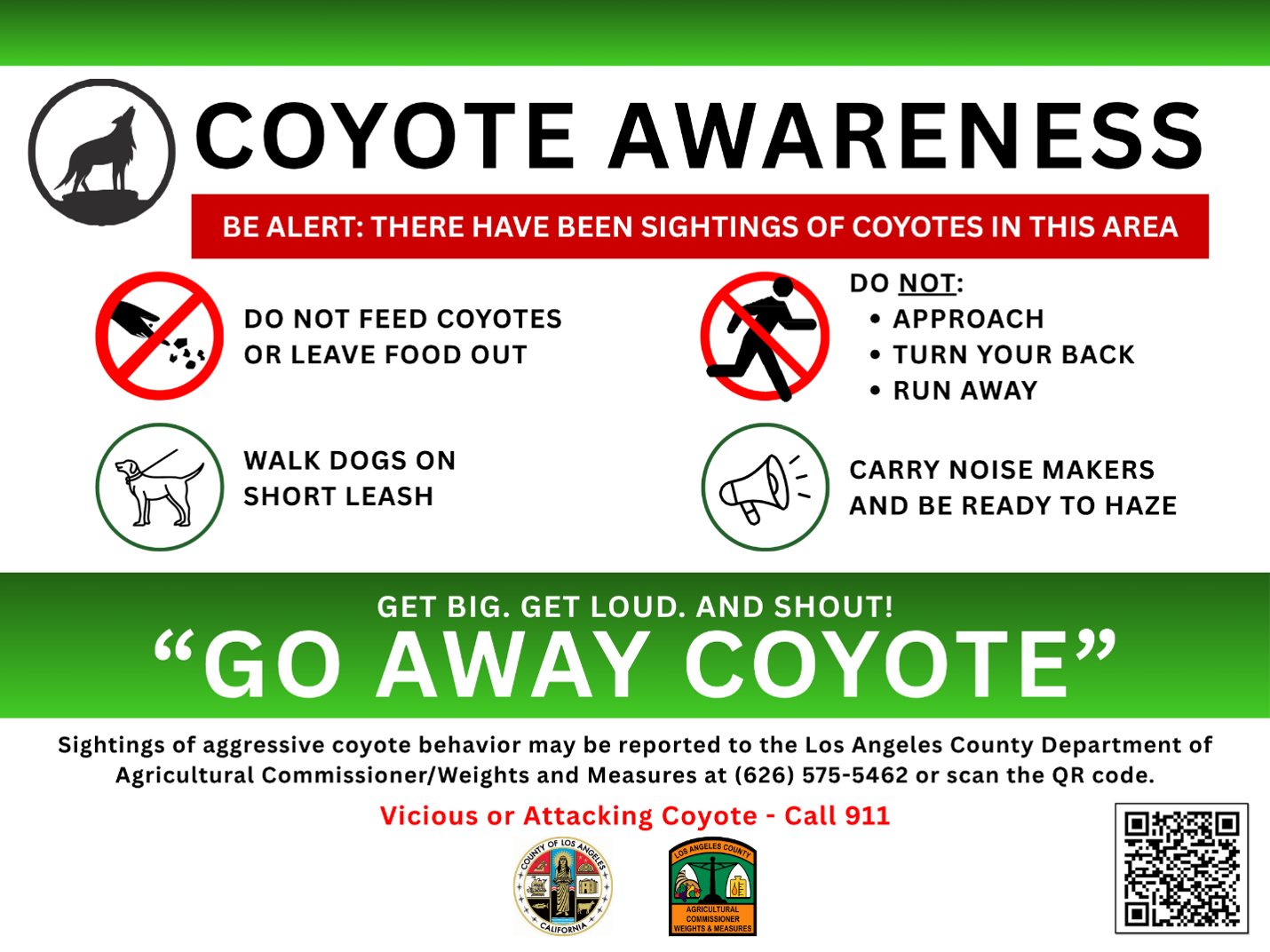 Coyote warning sign describing what to do when you encounter a coyote
